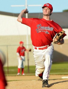 Daredevils starting pitcher, Harry Ferguson from Currituck (29), delivers on opening night in their 5-4 win against the Greenbrier Knights. (mbeswick.com)